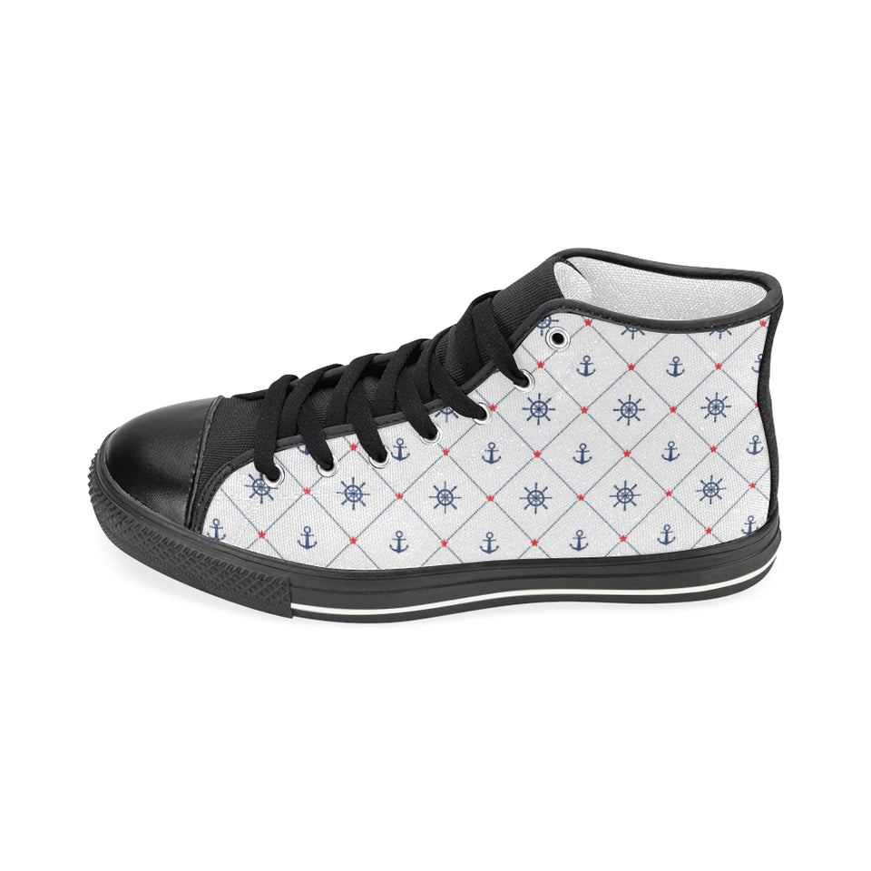 Anchor rudder nautical design pattern Men's High Top Canvas Shoes Black