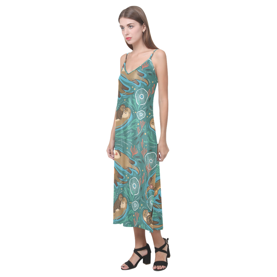 cute brown sea otters ornamental seaweed corals gr V-Neck Open Fork Long Dress