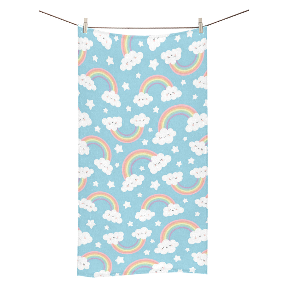 Cute rainbow clound star pattern blue background Bath Towel