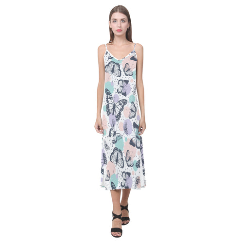 Butterfly pattern V-Neck Open Fork Long Dress