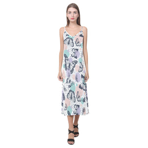 Butterfly pattern V-Neck Open Fork Long Dress