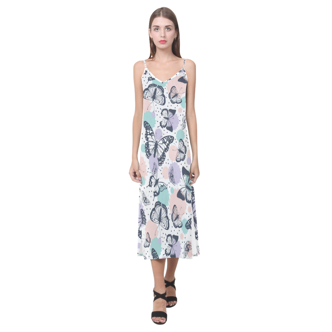 Butterfly pattern V-Neck Open Fork Long Dress