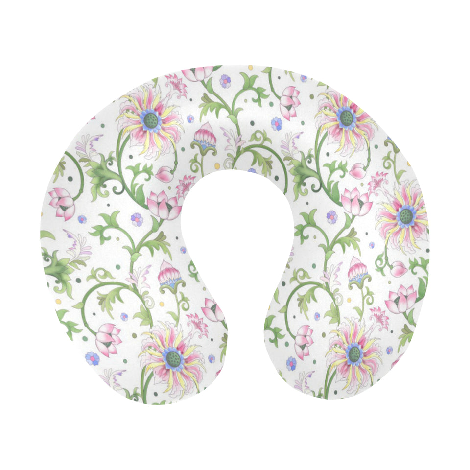 Beautiful pink lotus waterlily leaves pattern U-Shaped Travel Neck Pillow