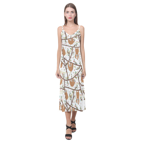 Sloths hanging on the tree pattern V-Neck Open Fork Long Dress