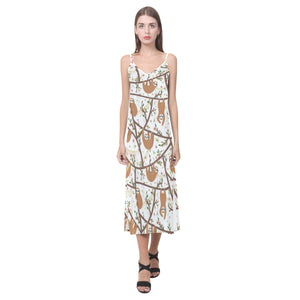 Sloths hanging on the tree pattern V-Neck Open Fork Long Dress