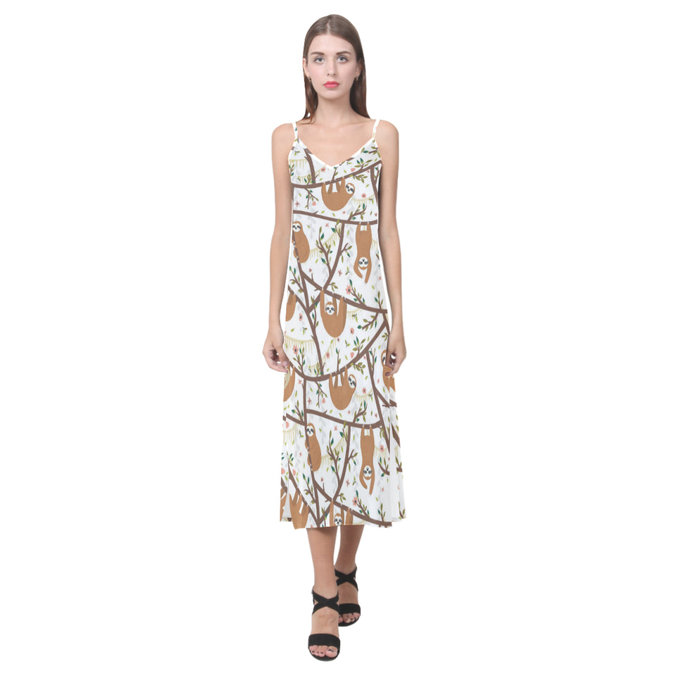 Sloths hanging on the tree pattern V-Neck Open Fork Long Dress