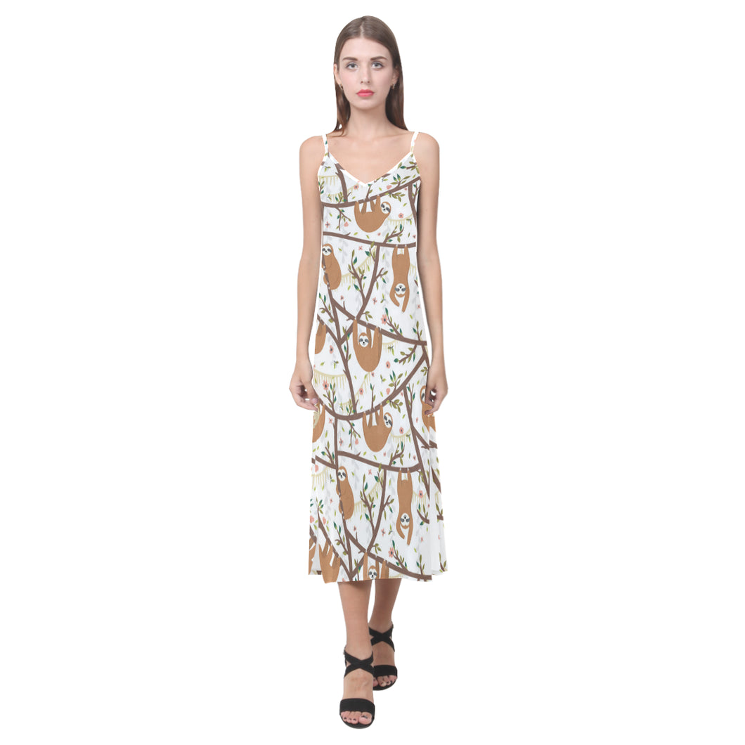 Sloths hanging on the tree pattern V-Neck Open Fork Long Dress