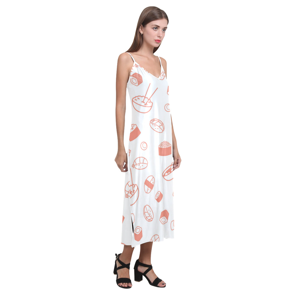 Sushi pattern V-Neck Open Fork Long Dress