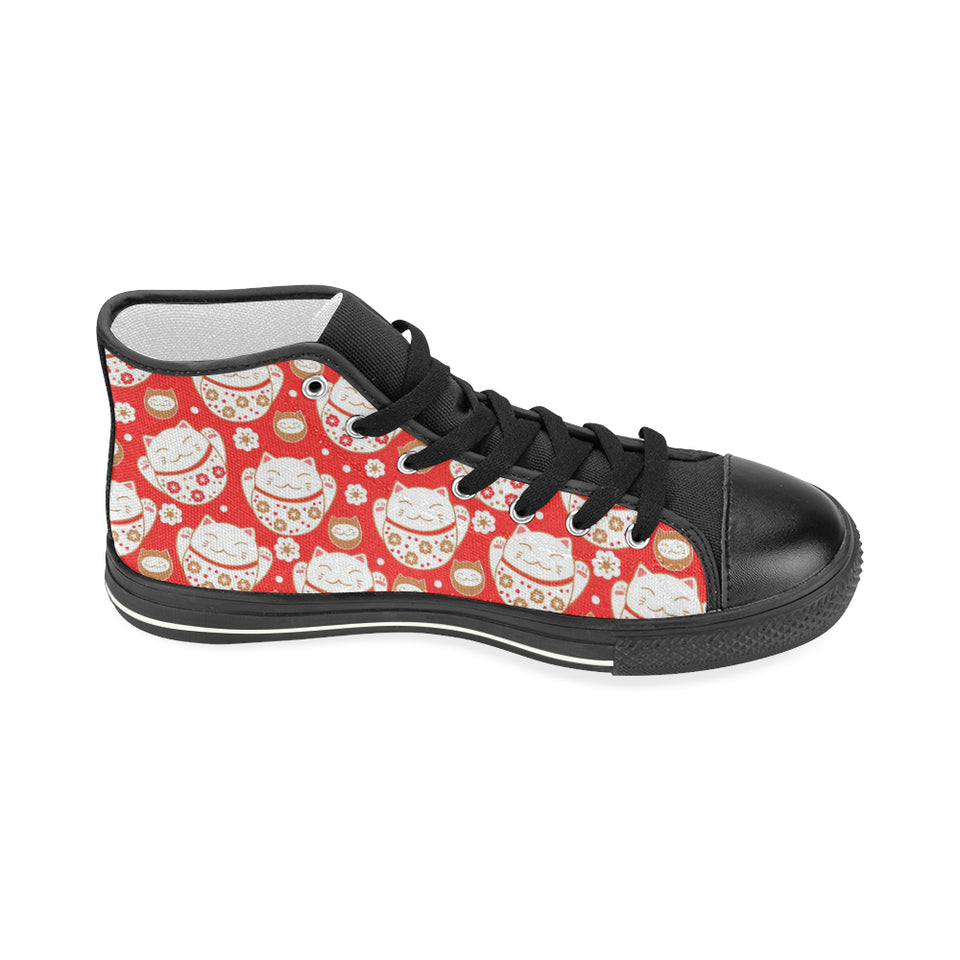 Cute Maneki neko cat red background Women's High Top Canvas Shoes Black