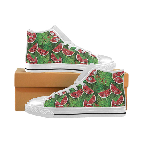 Watermelons tropical palm leaves pattern backgroun Women's High Top Canvas Shoes White