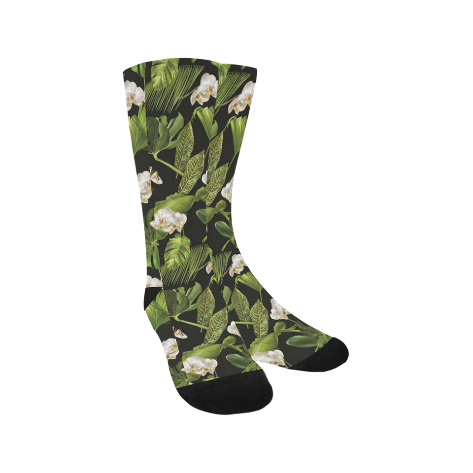 White orchid flower tropical leaves pattern blackg Crew Socks