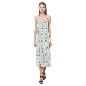 apples leaves pattern V-Neck Open Fork Long Dress