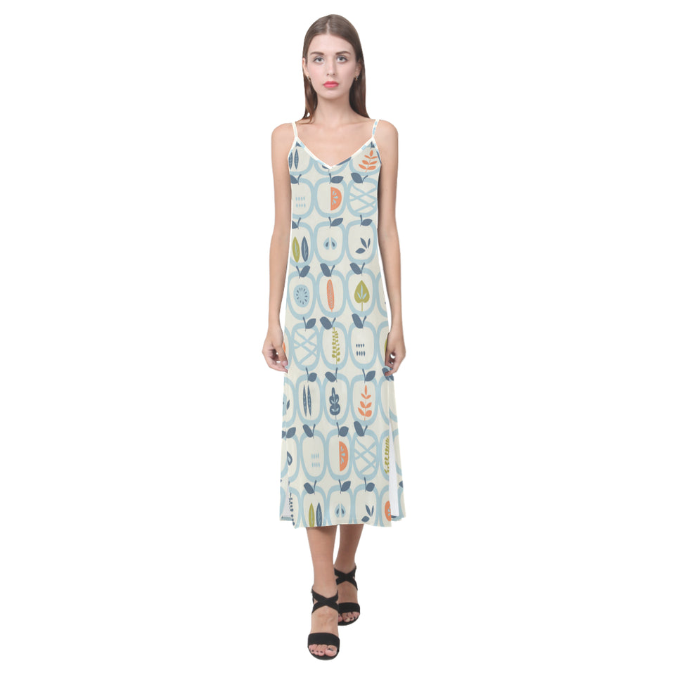 apples leaves pattern V-Neck Open Fork Long Dress