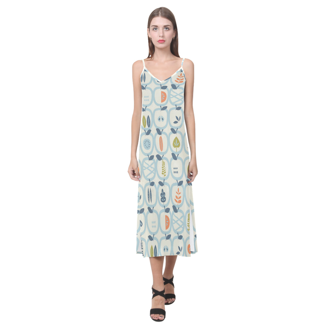 apples leaves pattern V-Neck Open Fork Long Dress