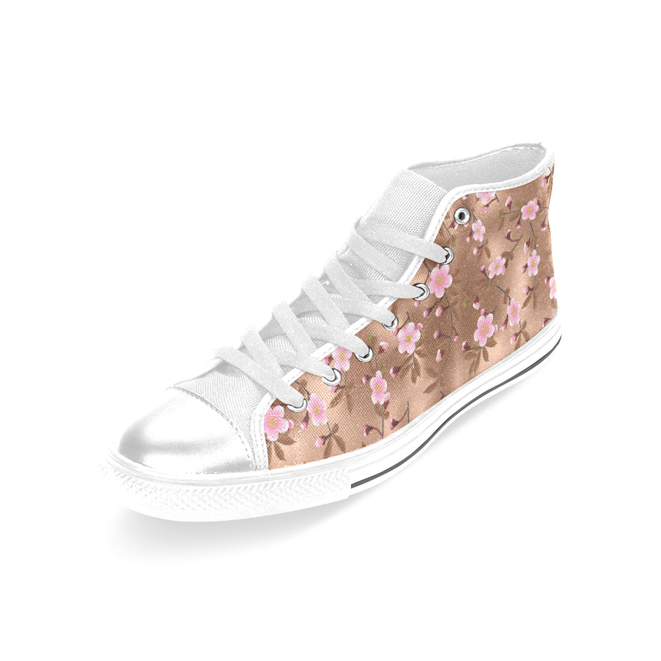 Pink sakura cherry blossom drak brown background Women's High Top Canvas Shoes White