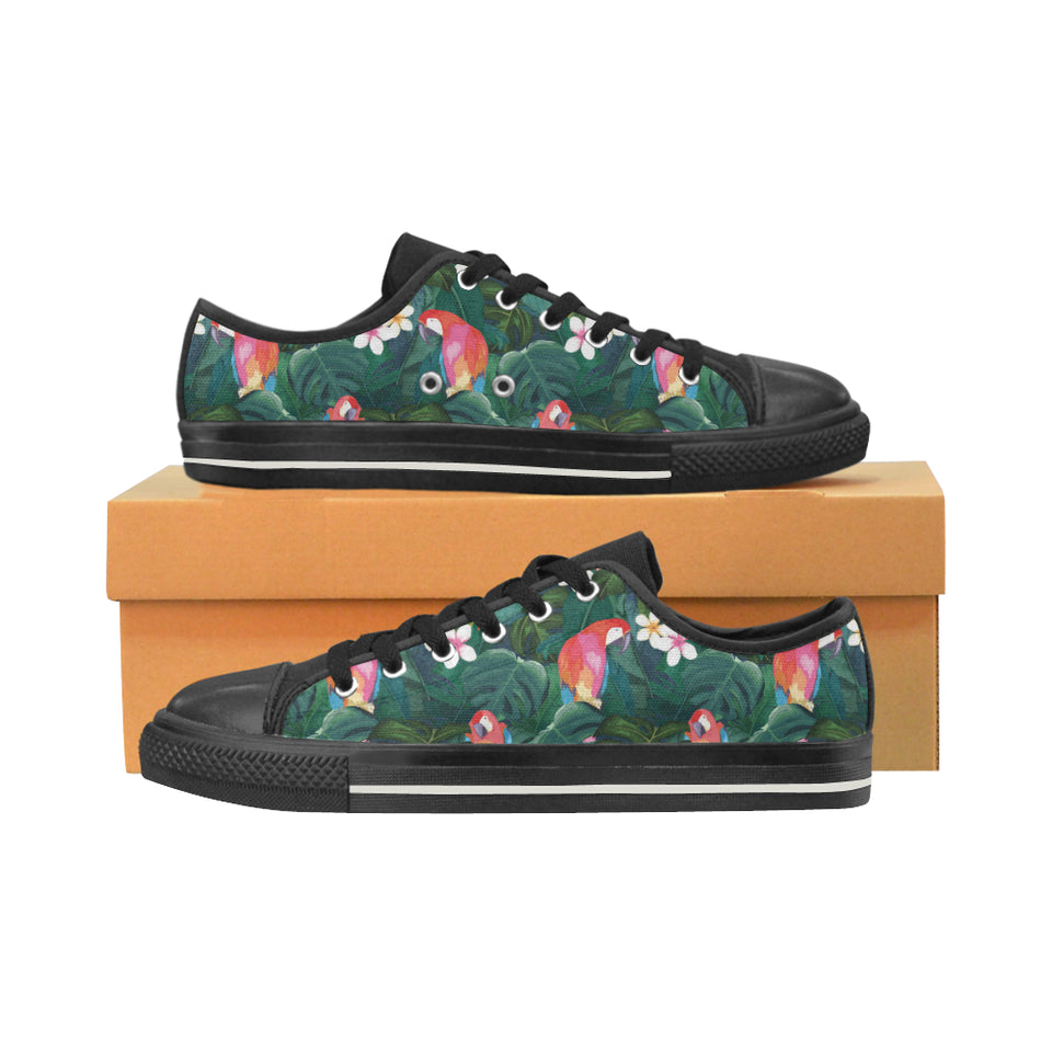 Parrot Palm tree leaves flower hibiscus pattern Men's Low Top Canvas Shoes Black