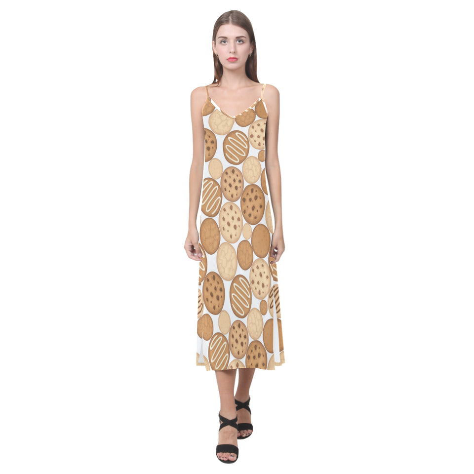 Various cookie pattern V-Neck Open Fork Long Dress