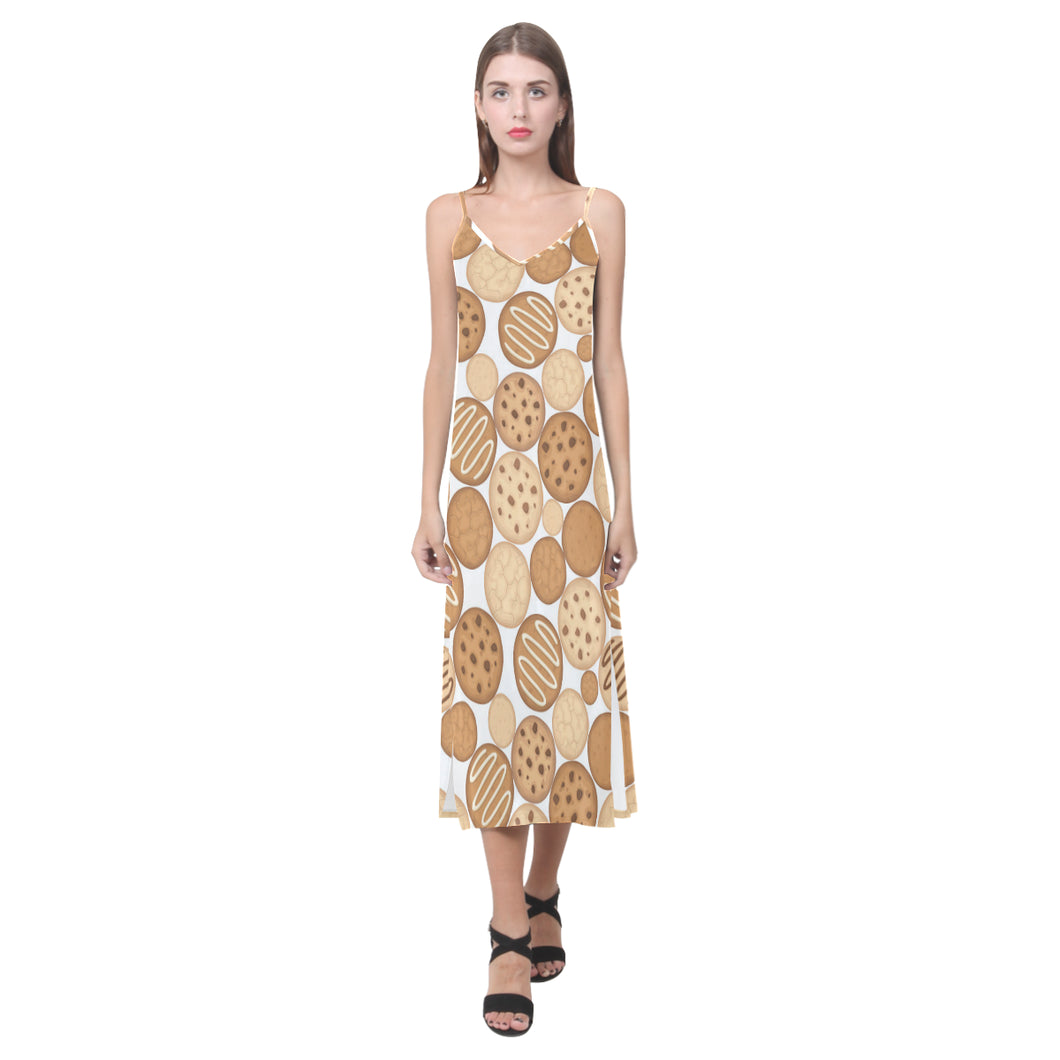 Various cookie pattern V-Neck Open Fork Long Dress