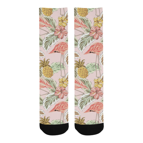 Pink flamingo birds pineapples hibiscus flower pat Crew Socks