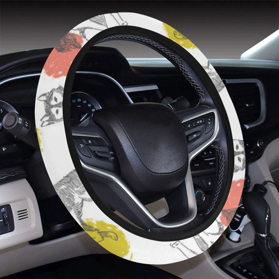Siberian husky and colorful circle pattern Car Steering Wheel Cover
