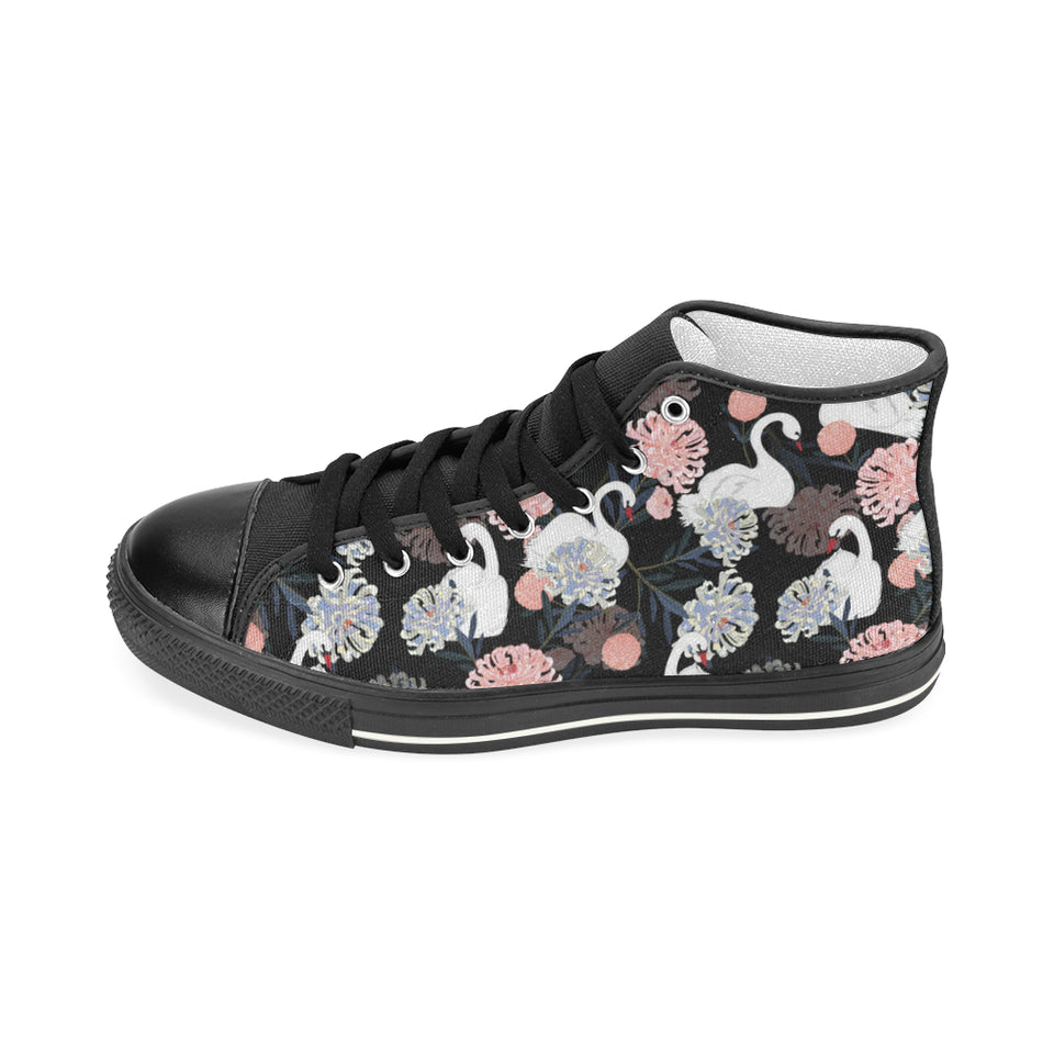 white swan blooming flower pattern Women's High Top Canvas Shoes Black