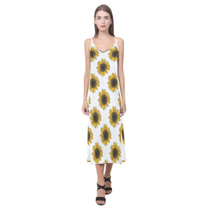 sunflowers design pattern V-Neck Open Fork Long Dress
