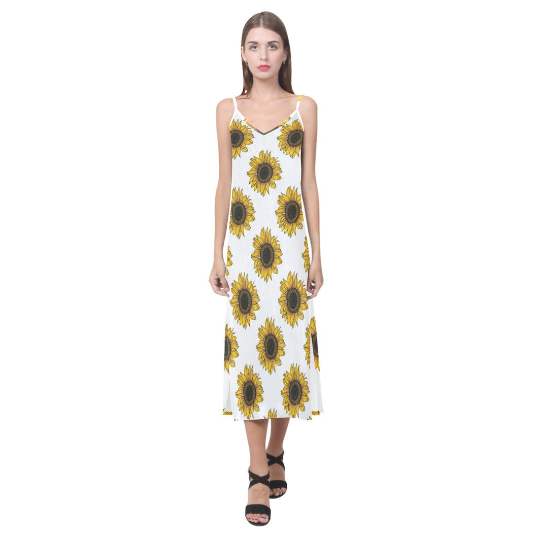 sunflowers design pattern V-Neck Open Fork Long Dress