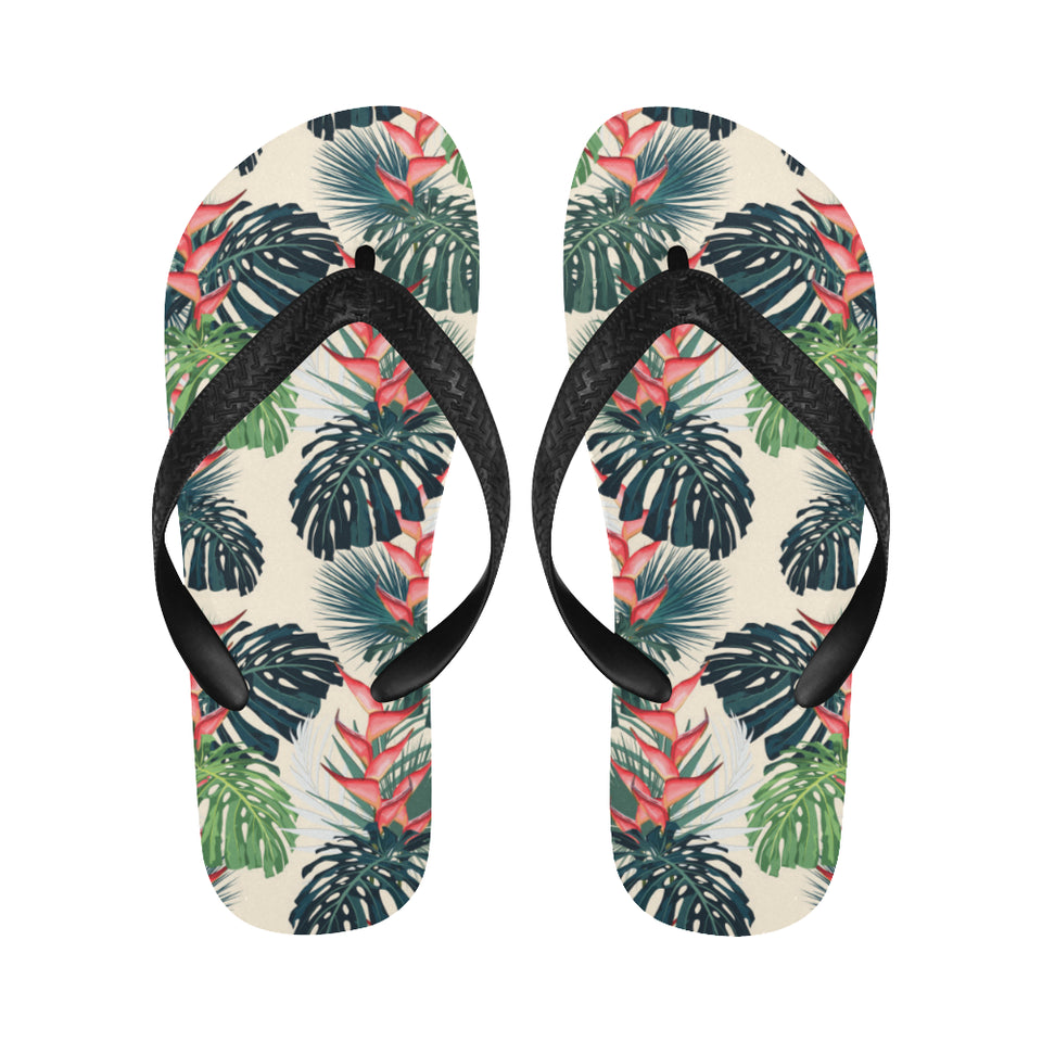 heliconia flowers, palm and monstera leaves Unisex Flip Flops