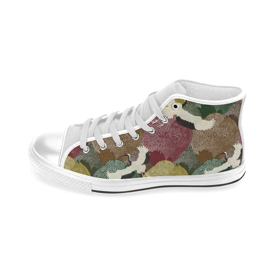 Japanese cranes flying forest dot pattern Men's High Top Canvas Shoes White