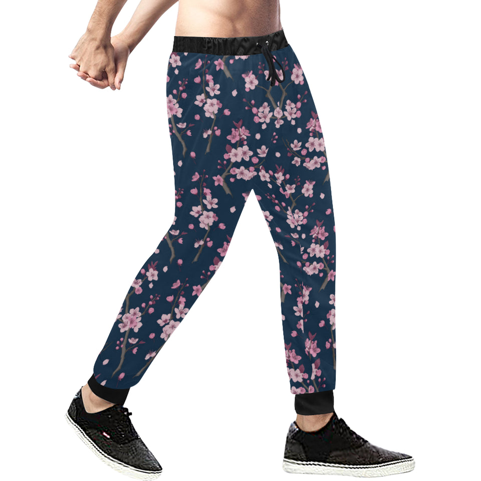 Pink sakura cherry blossom blue background Unisex Casual Sweatpants