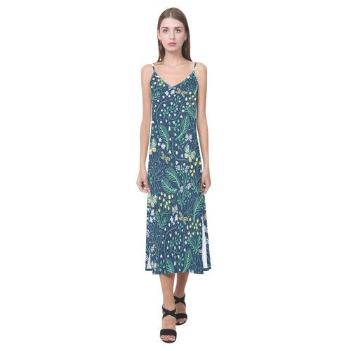 butterfly leaves pattern V-Neck Open Fork Long Dress