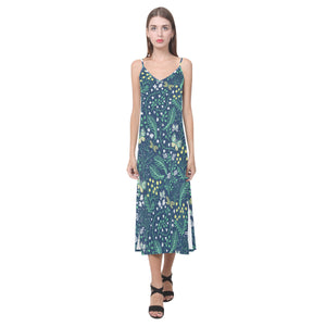 butterfly leaves pattern V-Neck Open Fork Long Dress