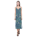 butterfly leaves pattern V-Neck Open Fork Long Dress