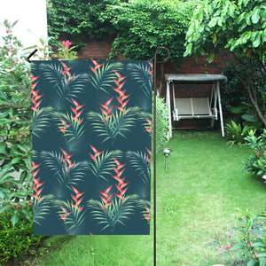 heliconia flowers, palm and monstera leaves on bla House Flag Garden Flag