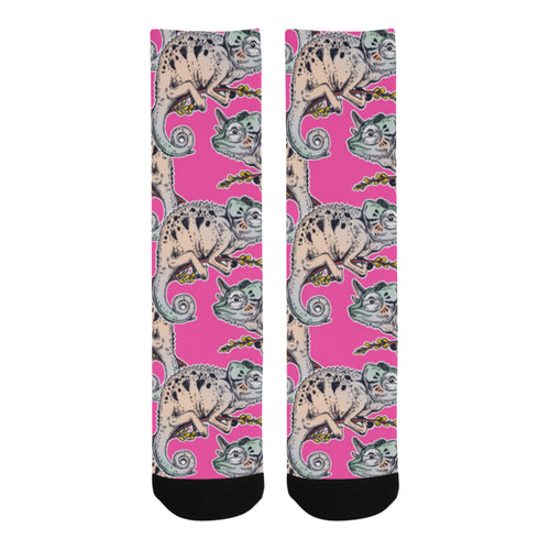 Chameleon lizard pattern pink background Crew Socks