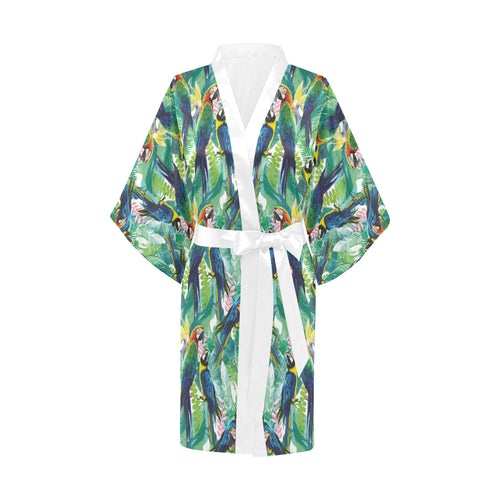 Colorful parrot exotic flower leaves Women's Short Kimono Robe
