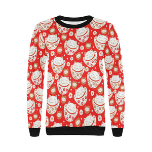 Cute Maneki neko cat red background Women's Crew Neck Sweatshirt