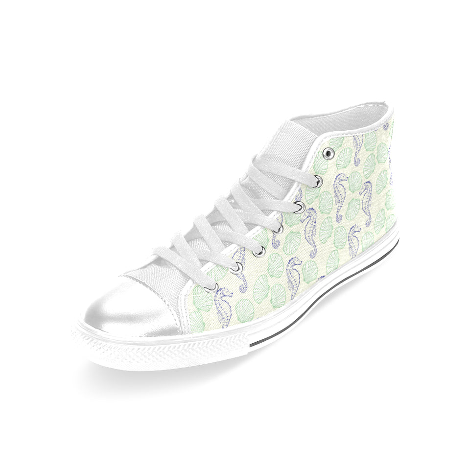 Seahorse shell pattern Women's High Top Canvas Shoes White