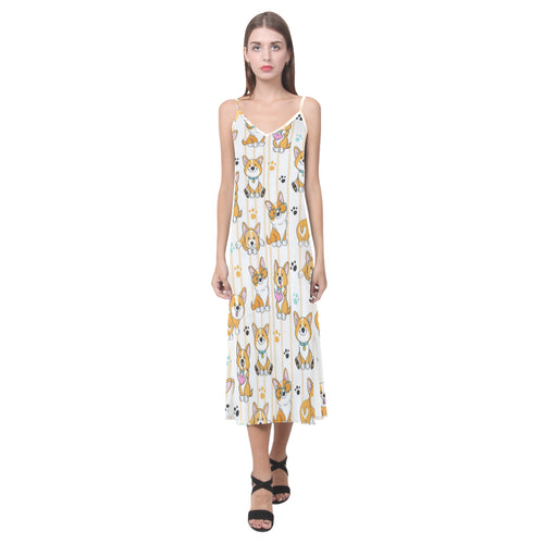 Cute dog corgi striped background pattern V-Neck Open Fork Long Dress