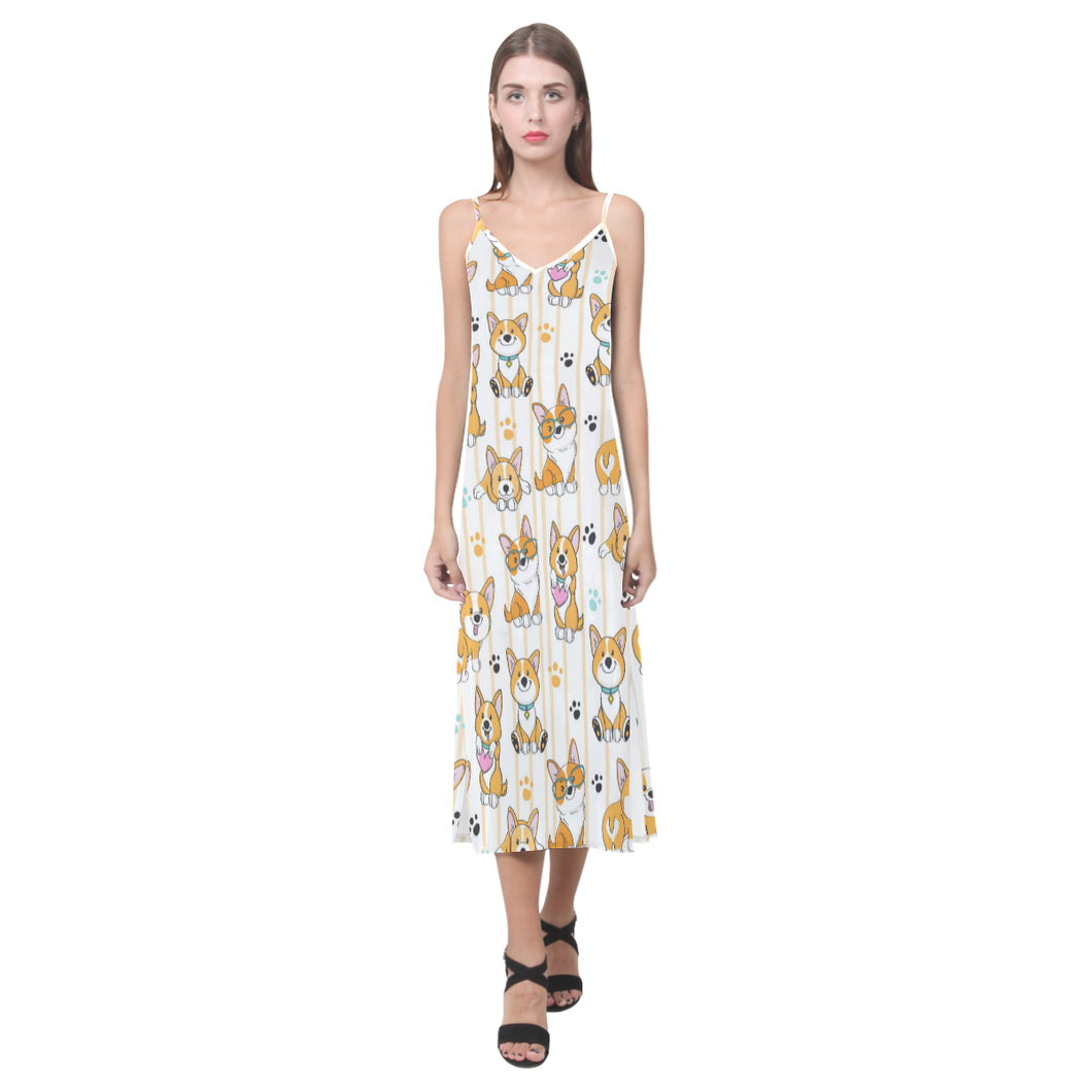 Cute dog corgi striped background pattern V-Neck Open Fork Long Dress