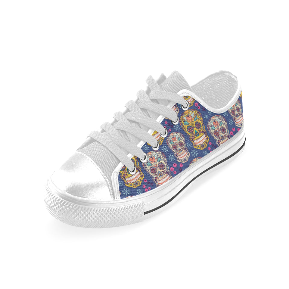 Sugar skull flower pattern Men's Low Top Shoes White