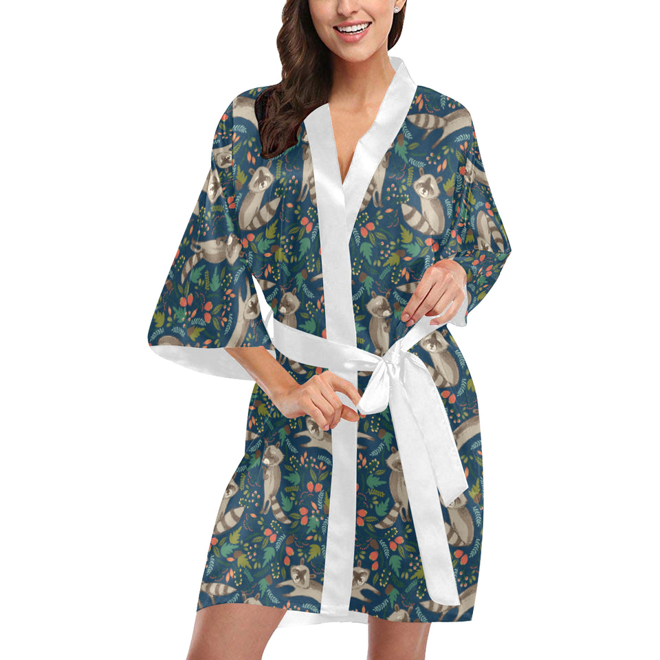 Raccoon tropical leaves pattern Women's Short Kimono Robe