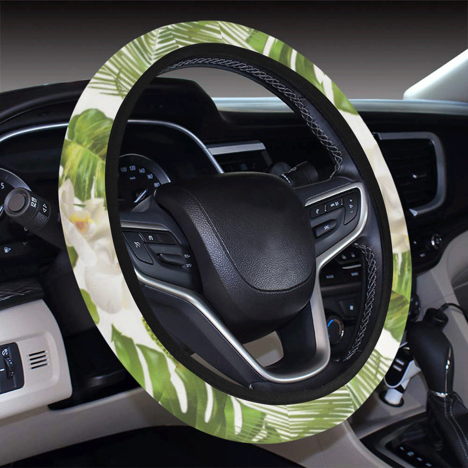 White orchid flower tropical leaves pattern Car Steering Wheel Cover