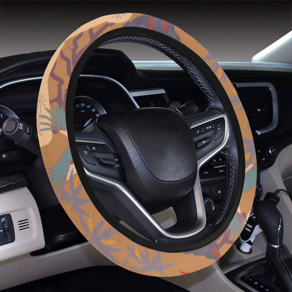 Bonsai bamboo stork japanese pattern brown theme Car Steering Wheel Cover