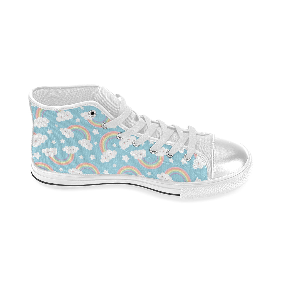Cute rainbow clound star pattern blue background Women's High Top Canvas Shoes White