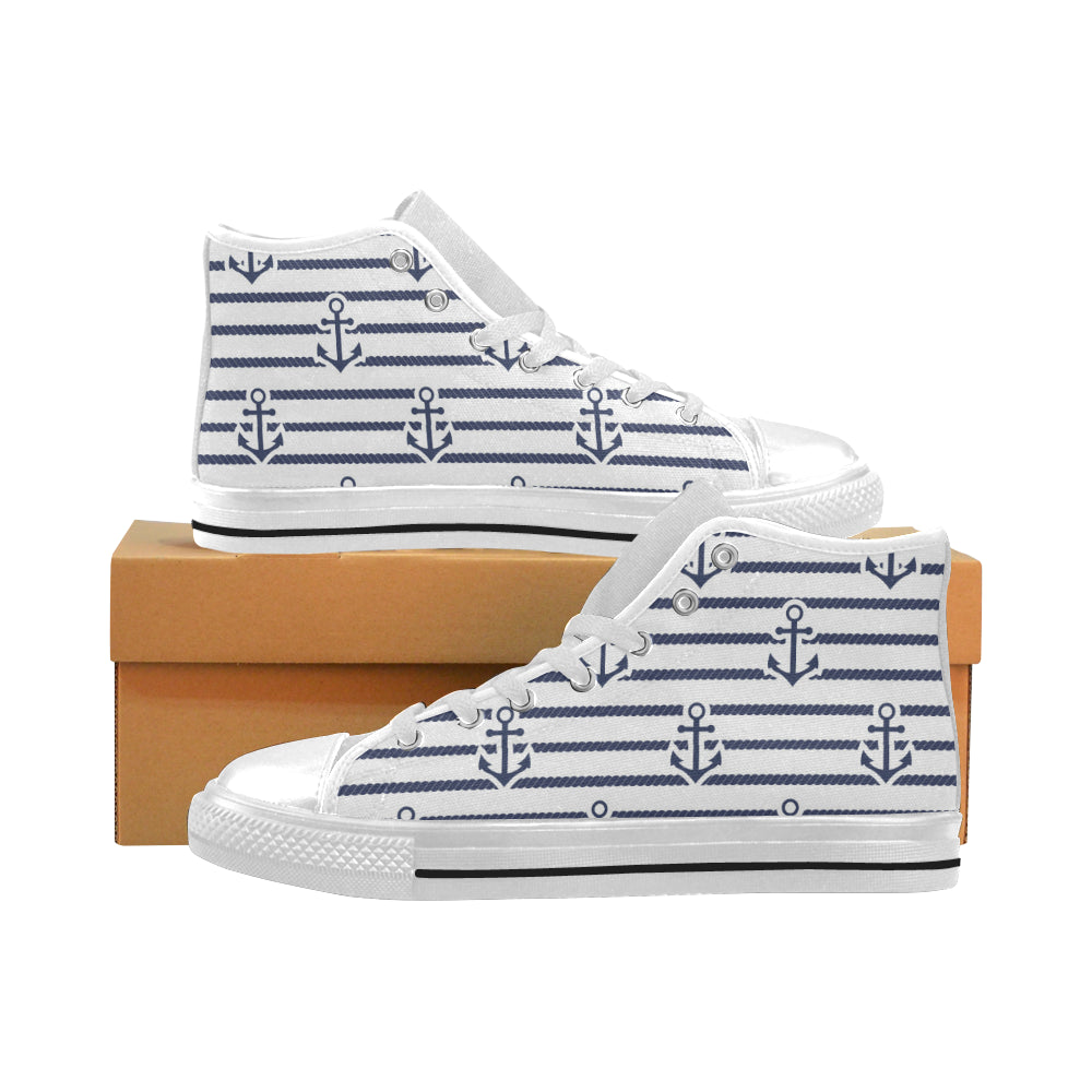 Anchor rope nautical  pattern Men's High Top Canvas Shoes White