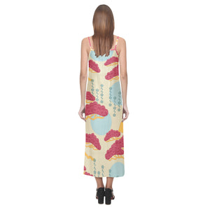 Red Bonsai gray sun japanese pattern V-Neck Open Fork Long Dress