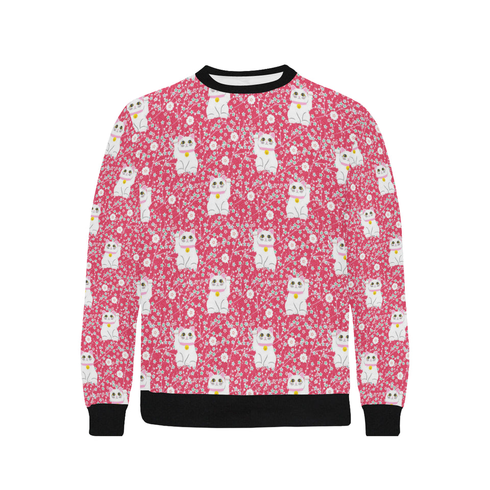 Maneki neko cat sakura pink background Men's Crew Neck Sweatshirt