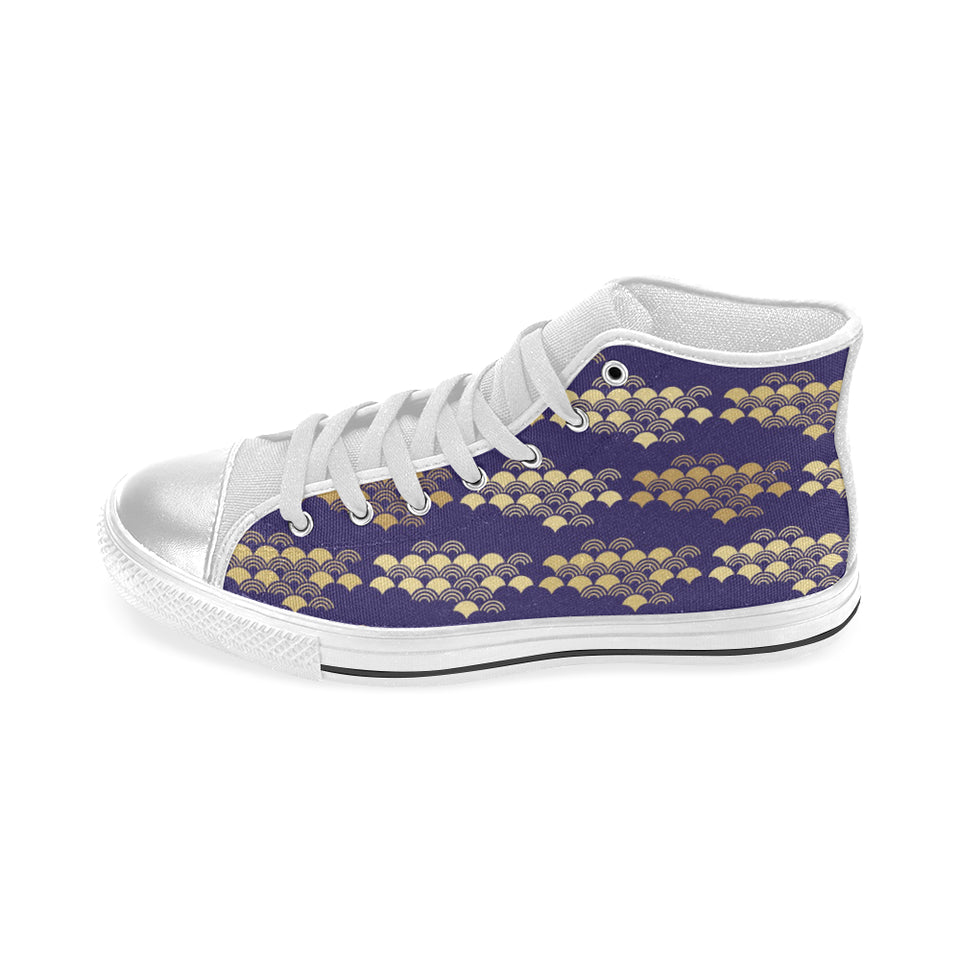 Beautiful japanese fan pattern Women's High Top Canvas Shoes White