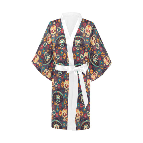 Sugar skulls flower maxican pattern Women's Short Kimono Robe